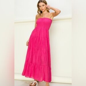 Strapless Bandeau Fuchsia Flowy Maxi Dress